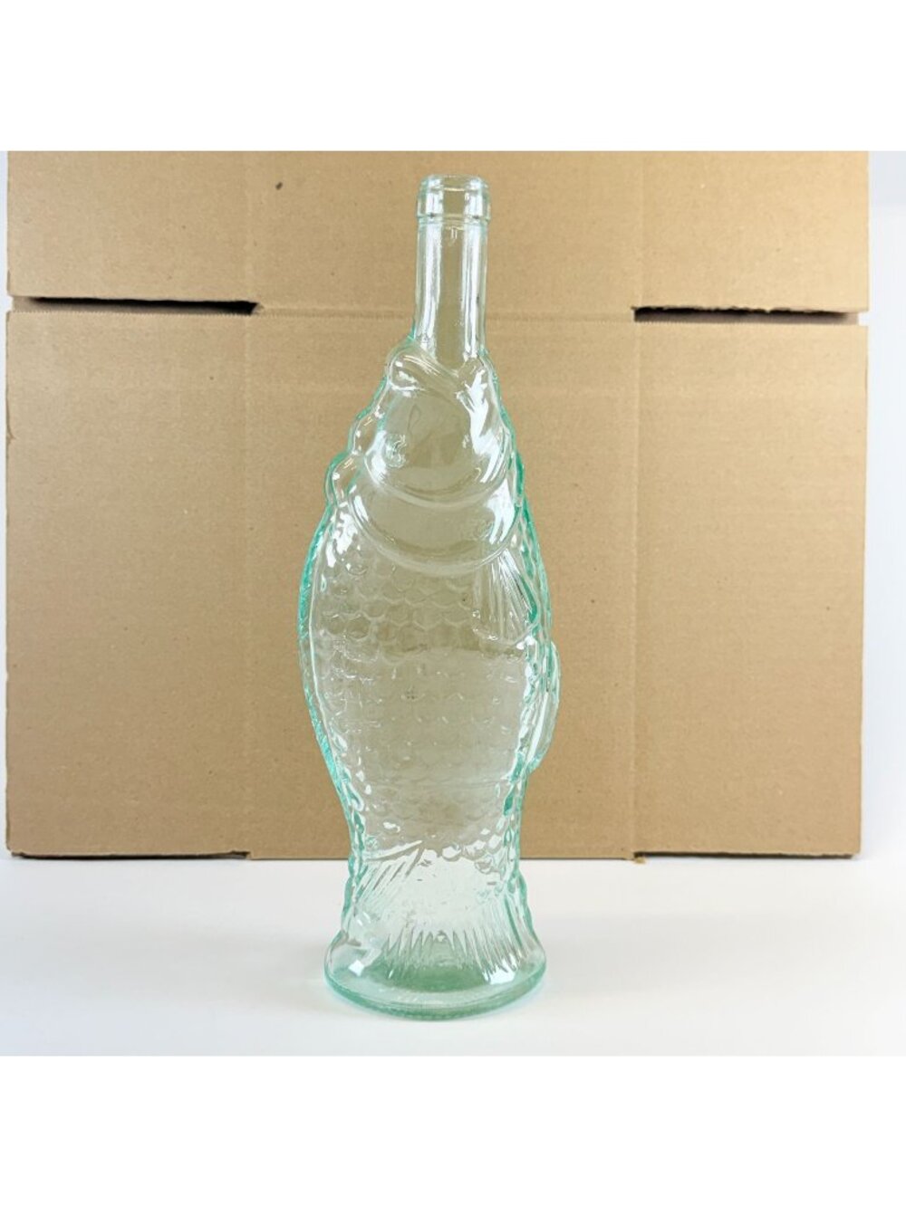 Fish Shaped Design Clear Green Glass Bottle Decorative Vintage Style 13.5" Tall